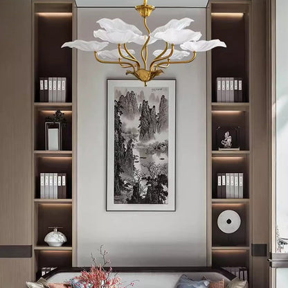 Traditional Chinese Lotus Copper Glass 6/9 - Light Chandelier For Dining Room