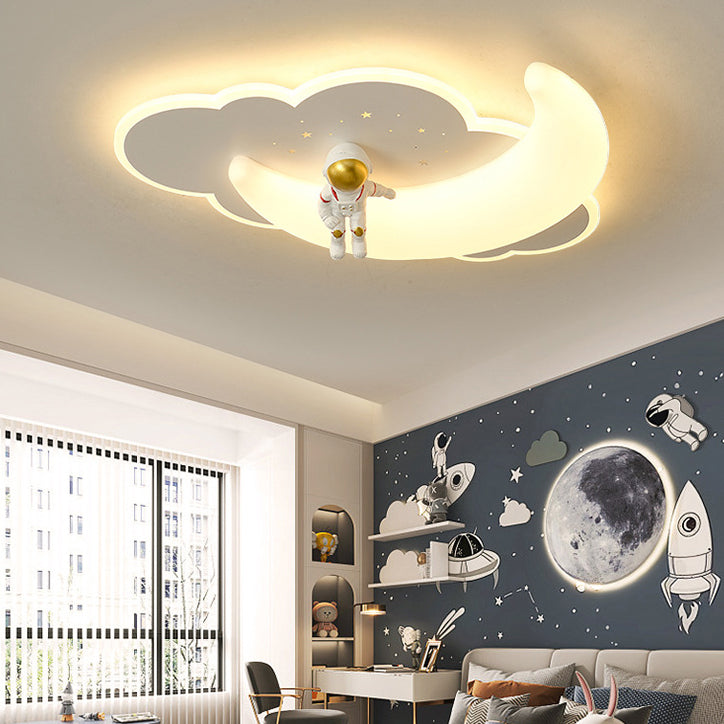 Contemporary Creative Astronaut Airplane Rotational Molding Iron LED Flush Mount Ceiling Light For Bedroom