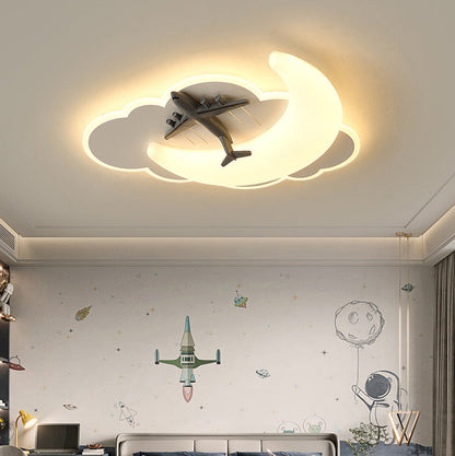 Contemporary Creative Astronaut Airplane Rotational Molding Iron LED Flush Mount Ceiling Light For Bedroom