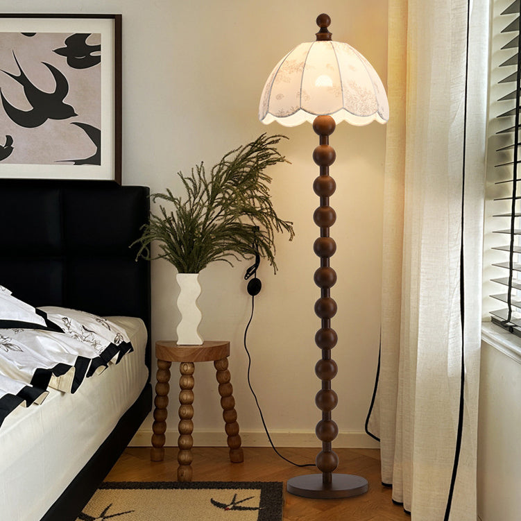 Contemporary Retro Leaves Print Umbrella Fabric Oak 1 - Light Standing Floor Lamp For Living Room