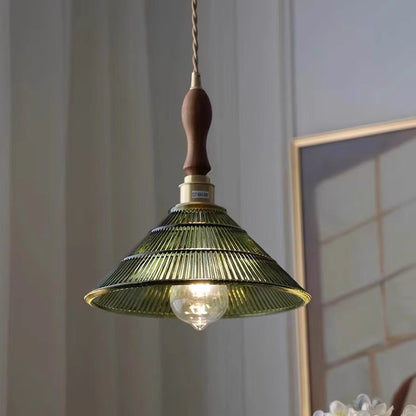 Contemporary Retro Stripe Hat Shape Brass Walnut Glass 1 - Light Pendant Light For Dining Room