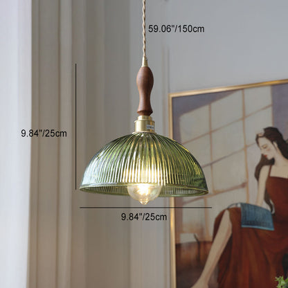 Contemporary Retro Stripe Hat Shape Brass Walnut Glass 1 - Light Pendant Light For Dining Room