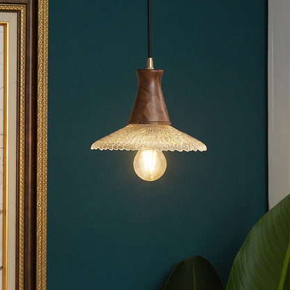 Traditional Japanese Cone Hat Brass Walnut Glass 1 - Light Pendant Light For Dining Room