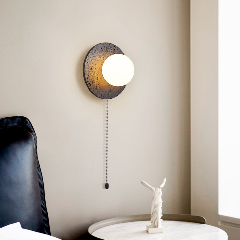 Modern Art Deco Round Black Travertine Glass 1 - Light Wall Sconce Lamp For Bedroom