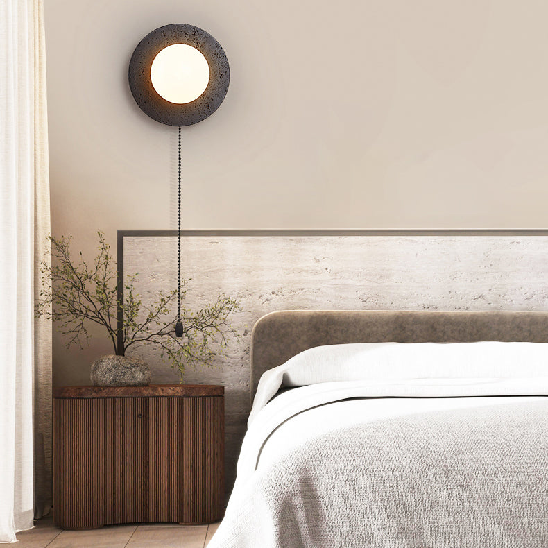 Modern Art Deco Round Black Travertine Glass 1 - Light Wall Sconce Lamp For Bedroom