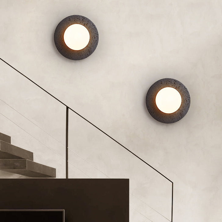 Modern Art Deco Round Black Travertine Glass 1 - Light Wall Sconce Lamp For Bedroom