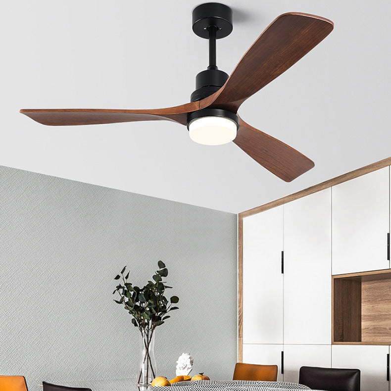 Contemporary Nordic Three Fan Blades Carbon Steel Solid Wood LED Downrods Ceiling Fan Light For Living Room