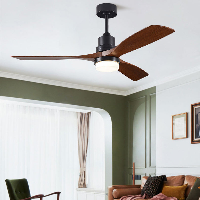 Contemporary Nordic Three Fan Blades Carbon Steel Solid Wood LED Downrods Ceiling Fan Light For Living Room