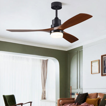 Contemporary Nordic Three Fan Blades Carbon Steel Solid Wood LED Downrods Ceiling Fan Light For Living Room
