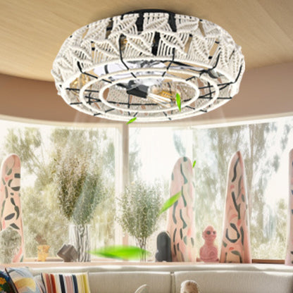 Traditional Vintage Round Iron Linen 4 - Light Semi-Flush Mount Ceiling Fan Light For Living Room