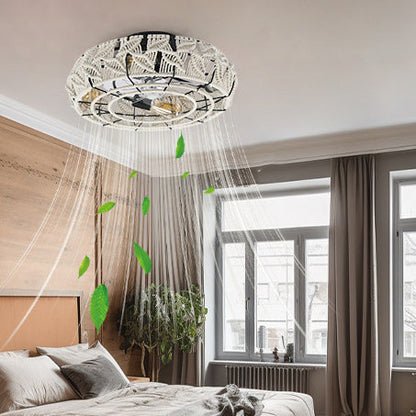 Traditional Vintage Round Iron Linen 4 - Light Semi-Flush Mount Ceiling Fan Light For Living Room