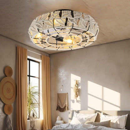 Traditional Vintage Round Iron Linen 4 - Light Semi-Flush Mount Ceiling Fan Light For Living Room