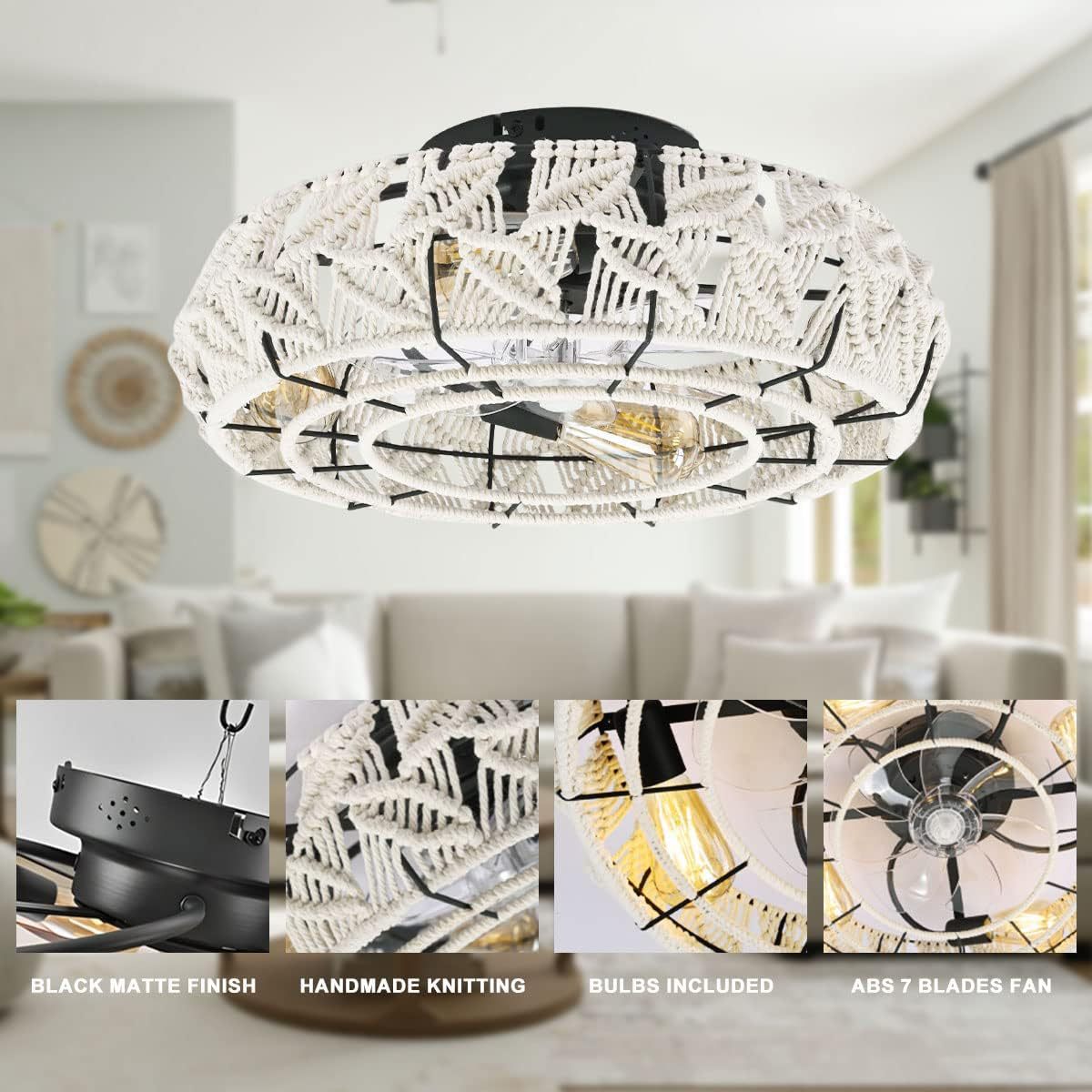 Traditional Vintage Round Iron Linen 4 - Light Semi-Flush Mount Ceiling Fan Light For Living Room