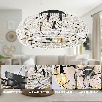 Traditional Vintage Round Iron Linen 4 - Light Semi-Flush Mount Ceiling Fan Light For Living Room