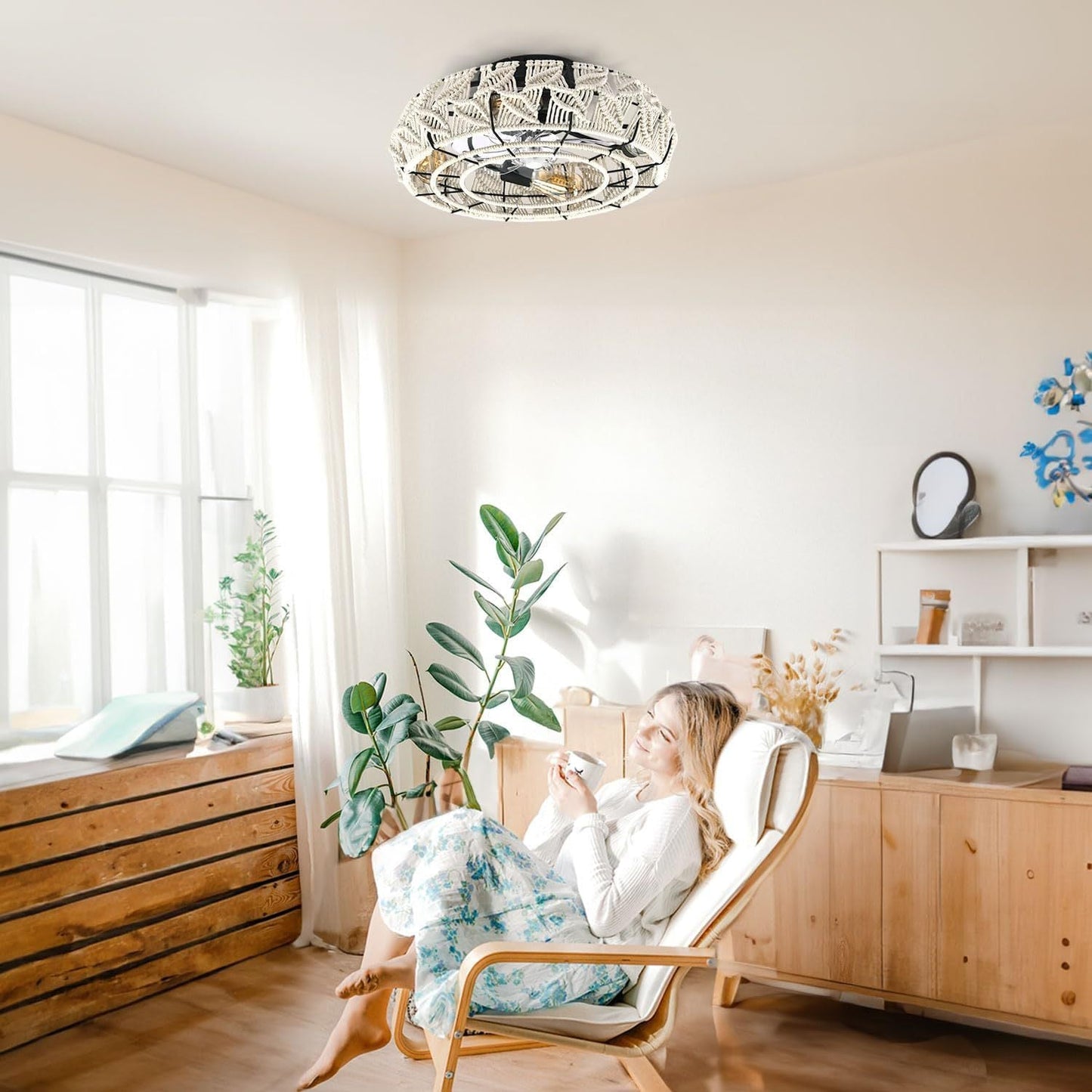 Traditional Vintage Round Iron Linen 4 - Light Semi-Flush Mount Ceiling Fan Light For Living Room