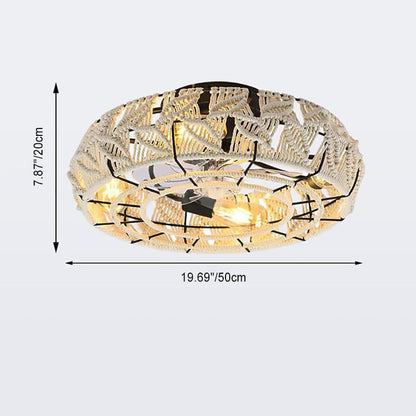 Traditional Vintage Round Iron Linen 4 - Light Semi-Flush Mount Ceiling Fan Light For Living Room