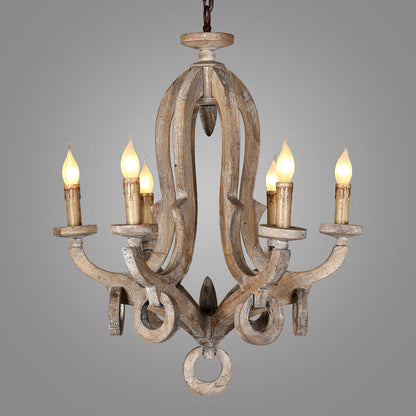 Traditional Rustic Candle Shape Full Wood 6 - Light Chandeliers For Dining Room