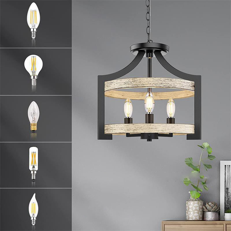 Traditional Vintage Birdcage Shape Iron Wood 3 - Light Pendant Light For Dining Room