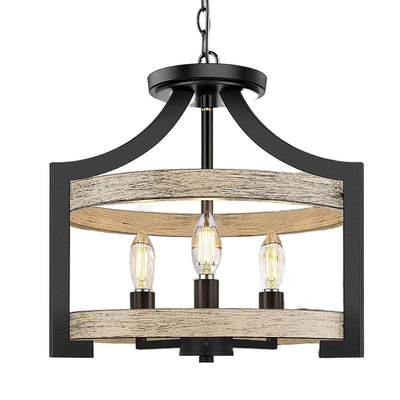 Traditional Vintage Birdcage Shape Iron Wood 3 - Light Pendant Light For Dining Room