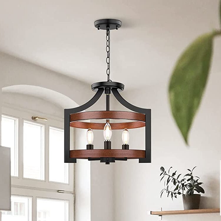 Traditional Vintage Birdcage Shape Iron Wood 3 - Light Pendant Light For Dining Room