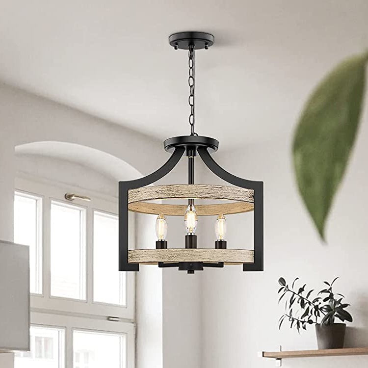 Traditional Vintage Birdcage Shape Iron Wood 3 - Light Pendant Light For Dining Room
