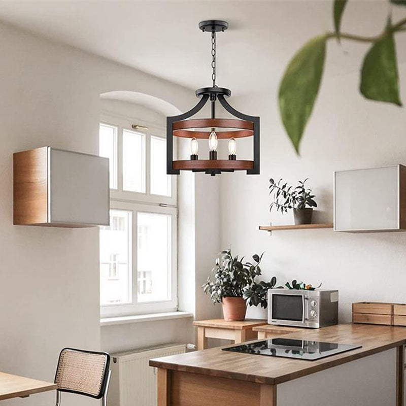 Traditional Vintage Birdcage Shape Iron Wood 3 - Light Pendant Light For Dining Room