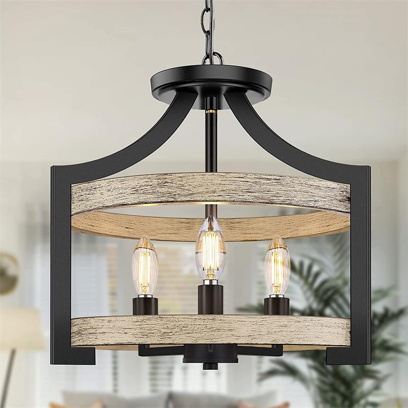 Traditional Vintage Birdcage Shape Iron Wood 3 - Light Pendant Light For Dining Room