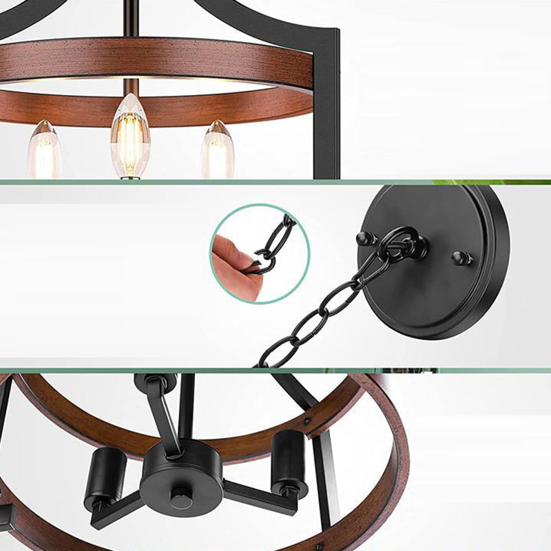 Traditional Vintage Birdcage Shape Iron Wood 3 - Light Pendant Light For Dining Room
