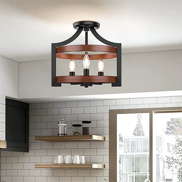 Traditional Vintage Birdcage Shape Wood Iron 3 - Light Semi-Flush Mount Light For Dining Room