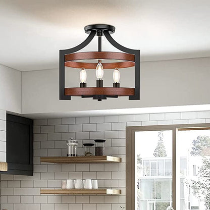 Traditional Vintage Birdcage Shape Wood Iron 3 - Light Semi-Flush Mount Light For Dining Room