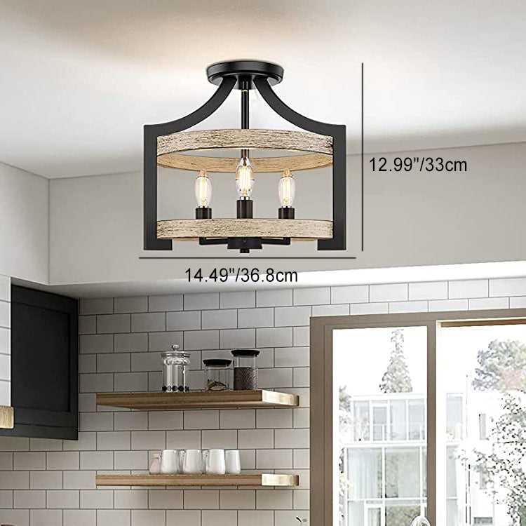 Traditional Vintage Birdcage Shape Wood Iron 3 - Light Semi-Flush Mount Light For Dining Room