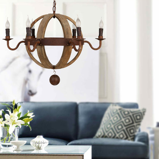 Contemporary Retro Round Ball Wood Iron Hardware 6 - Light Chandelier For Dining Room