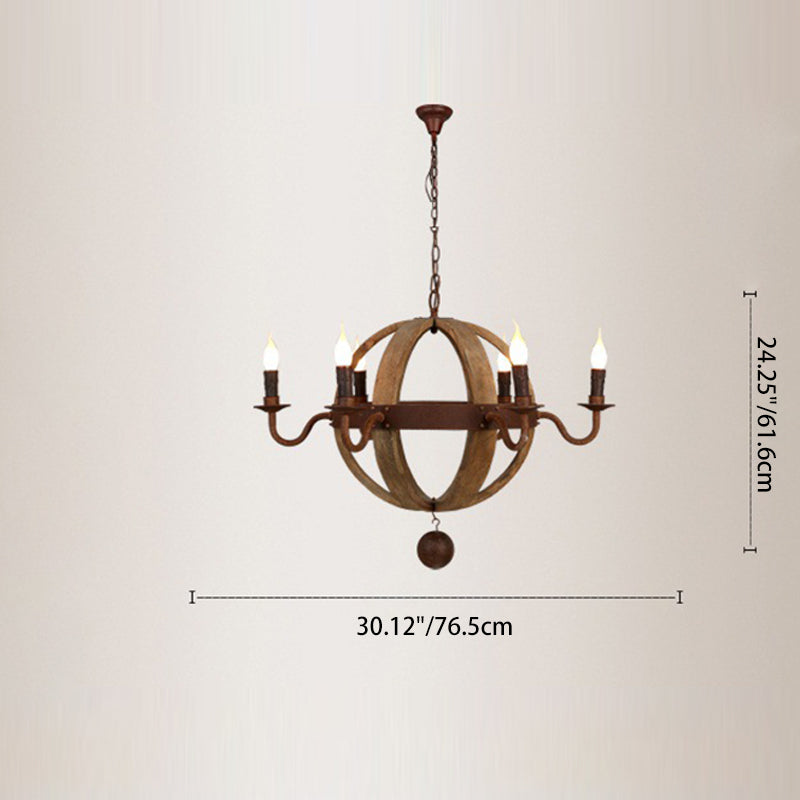 Contemporary Retro Round Ball Wood Iron Hardware 6 - Light Chandelier For Dining Room
