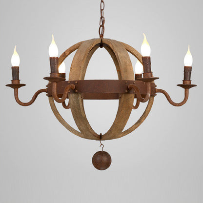 Contemporary Retro Round Ball Wood Iron Hardware 6 - Light Chandelier For Dining Room