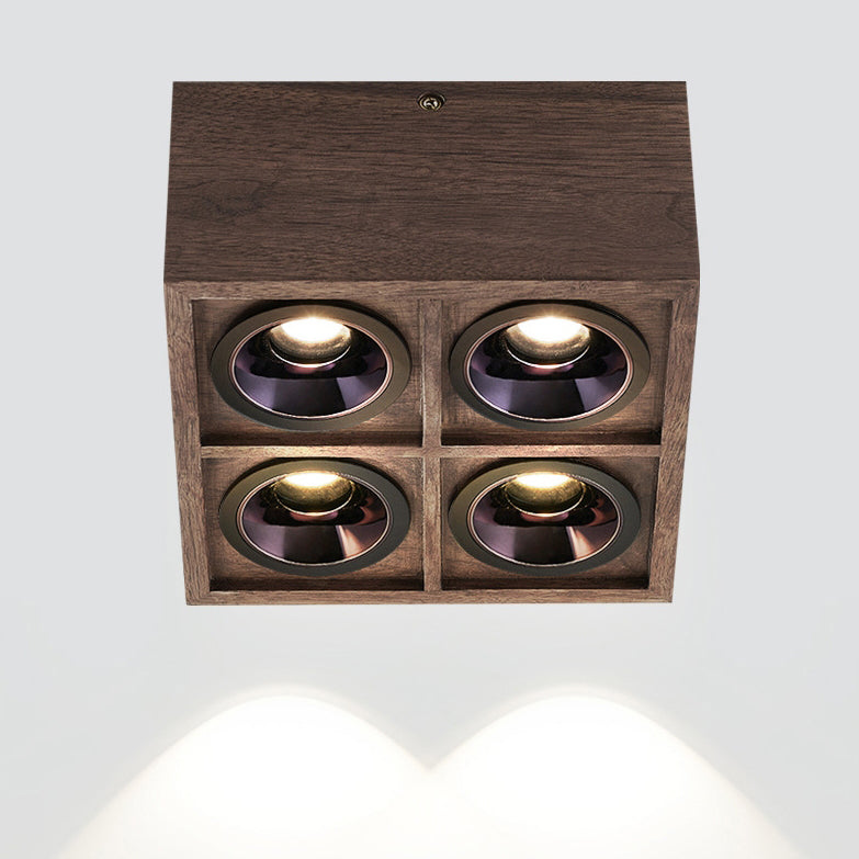 Modern Simplicity Square Cube Aluminum Walnut LED Flush Mount Ceiling Light For Living Room
