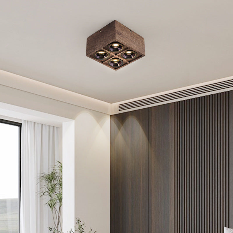 Modern Simplicity Square Cube Aluminum Walnut LED Flush Mount Ceiling Light For Living Room