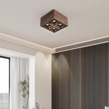 Modern Simplicity Square Cube Aluminum Walnut LED Flush Mount Ceiling Light For Living Room