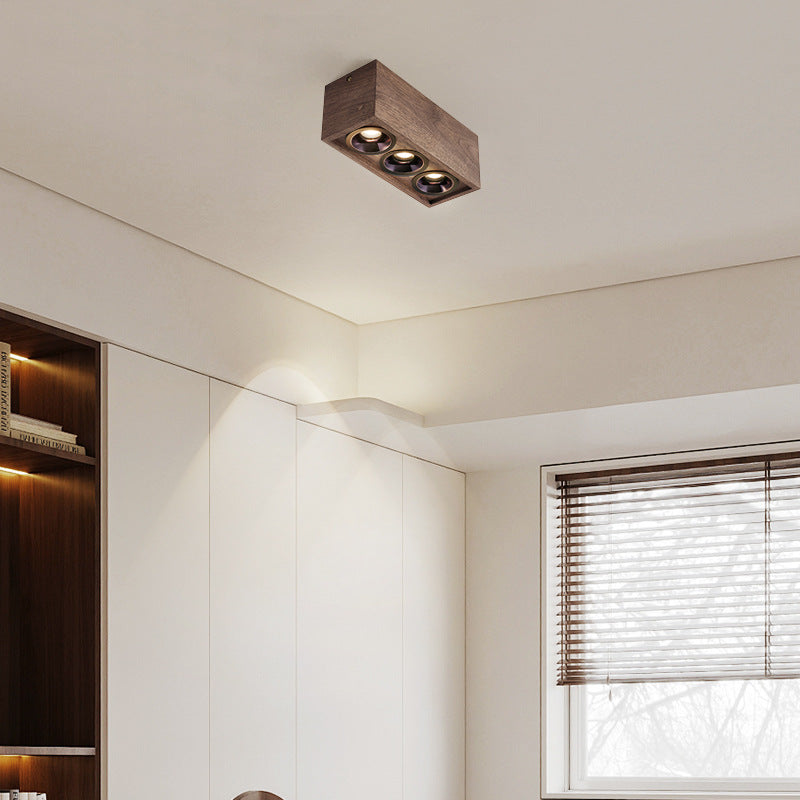 Modern Simplicity Square Cube Aluminum Walnut LED Flush Mount Ceiling Light For Living Room