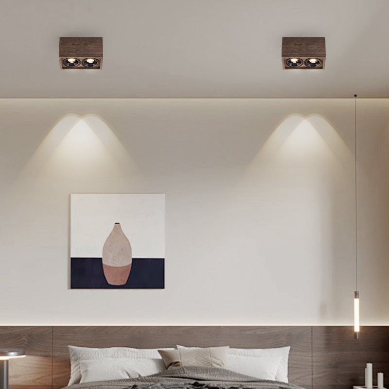 Modern Simplicity Square Cube Aluminum Walnut LED Flush Mount Ceiling Light For Living Room