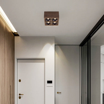 Modern Simplicity Square Cube Aluminum Walnut LED Flush Mount Ceiling Light For Living Room