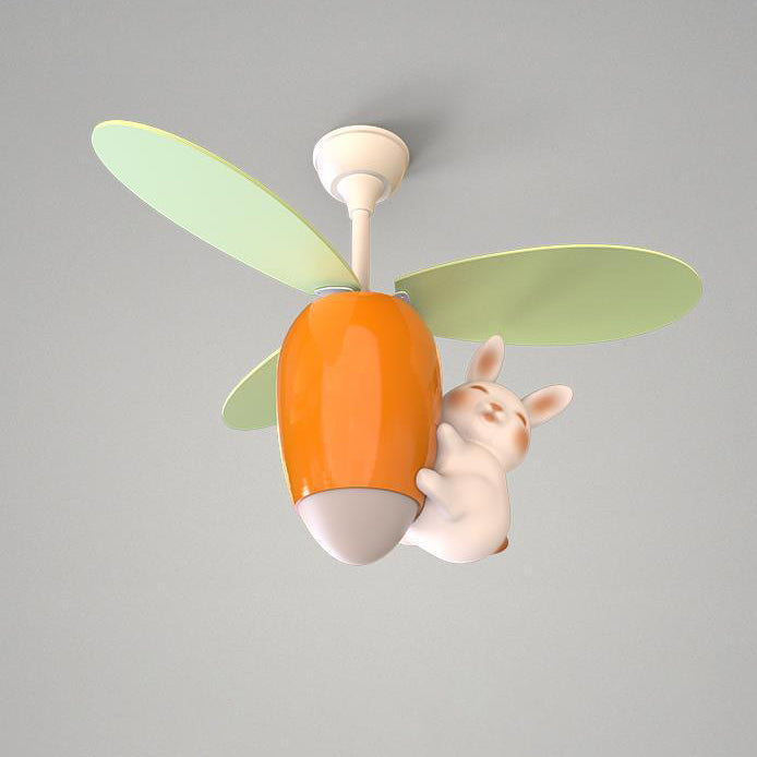 Contemporary Creative Carrot Rabbit Three Fan Blades PE Copper Iron LED Downrods Ceiling Fan Light For Bedroom
