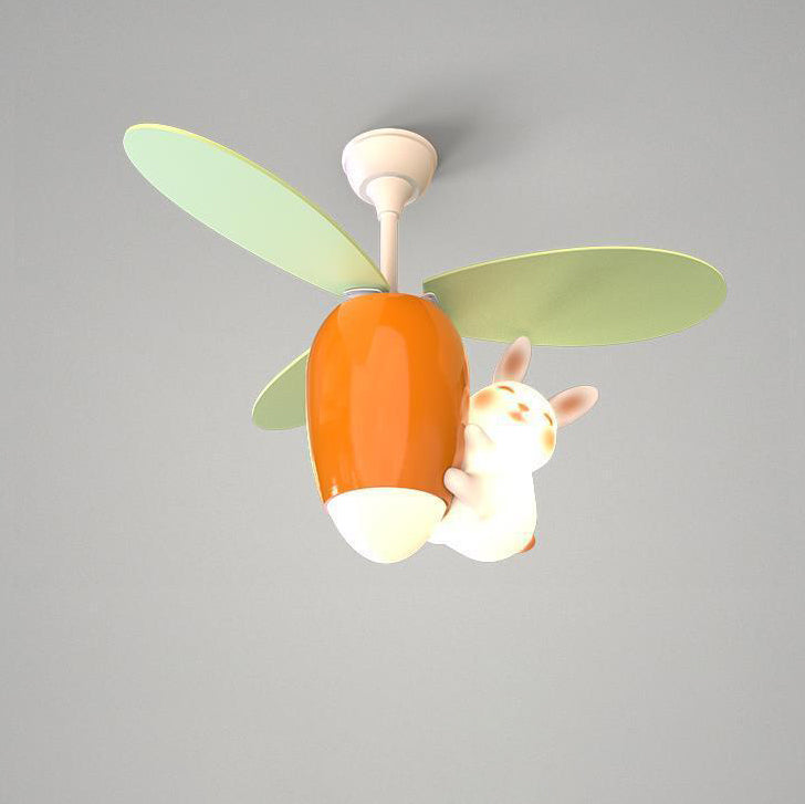 Contemporary Creative Carrot Rabbit Three Fan Blades PE Copper Iron LED Downrods Ceiling Fan Light For Bedroom
