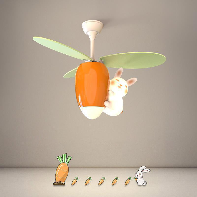 Contemporary Creative Carrot Rabbit Three Fan Blades PE Copper Iron LED Downrods Ceiling Fan Light For Bedroom