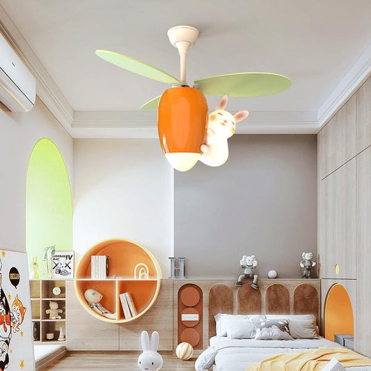 Contemporary Creative Carrot Rabbit Three Fan Blades PE Copper Iron LED Downrods Ceiling Fan Light For Bedroom
