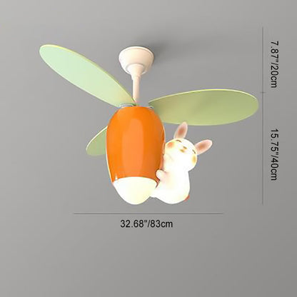 Contemporary Creative Carrot Rabbit Three Fan Blades PE Copper Iron LED Downrods Ceiling Fan Light For Bedroom
