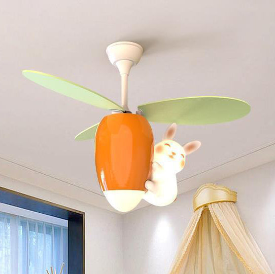 Contemporary Creative Carrot Rabbit Three Fan Blades PE Copper Iron LED Downrods Ceiling Fan Light For Bedroom