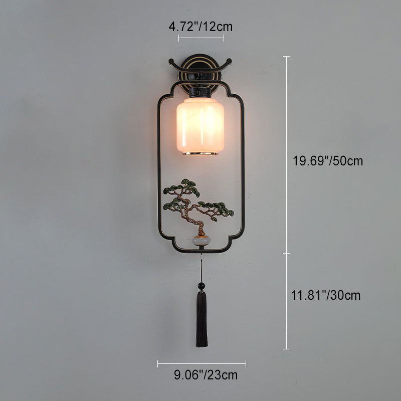 Traditional Chinese Welcoming Pine Sika Deer Iron Hardware Glass 1 - Light Wall Sconce Lamp For Living Room