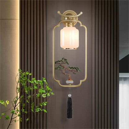 Traditional Chinese Welcoming Pine Sika Deer Iron Hardware Glass 1 - Light Wall Sconce Lamp For Living Room