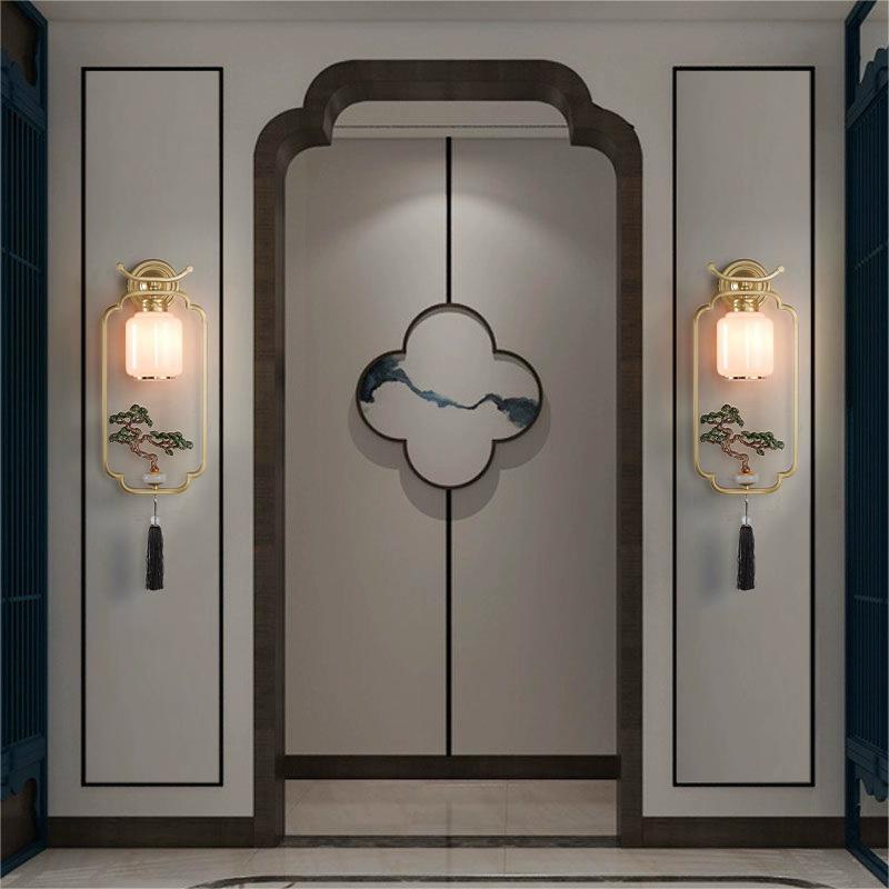 Traditional Chinese Welcoming Pine Sika Deer Iron Hardware Glass 1 - Light Wall Sconce Lamp For Living Room