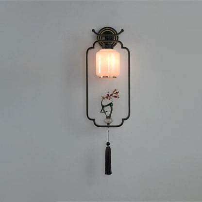 Traditional Chinese Welcoming Pine Sika Deer Iron Hardware Glass 1 - Light Wall Sconce Lamp For Living Room